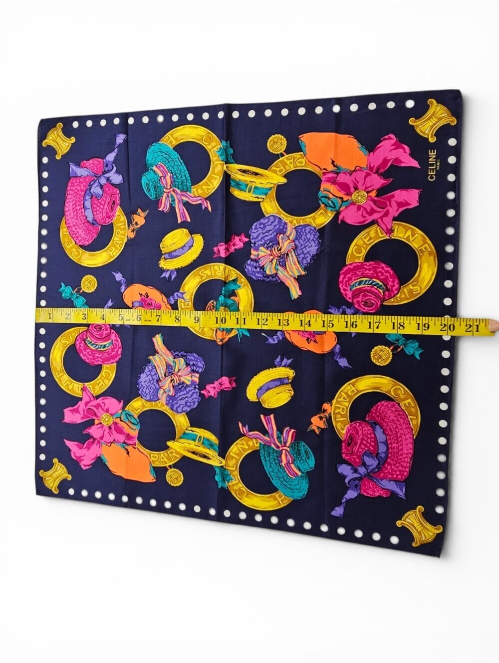 Celine Paris Cotton Scarf with Navy, Magenta & Gold Hats And Rings Print - Picture 6 of 7